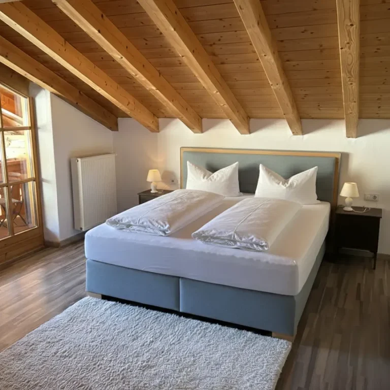 boxspirngbett-loft-ferinwohnung-edelweiss-im-Haus-am-WIESBACH-in-reit-im-winkl-Urlaub-mit-Familie-in-den-bergen geraumige Dachgeschosswohnung Edelweiss perfekt für Urlaub mit der Familien in den Bergen in Bayern, Reit im Winkl, Haus am Wiesbach